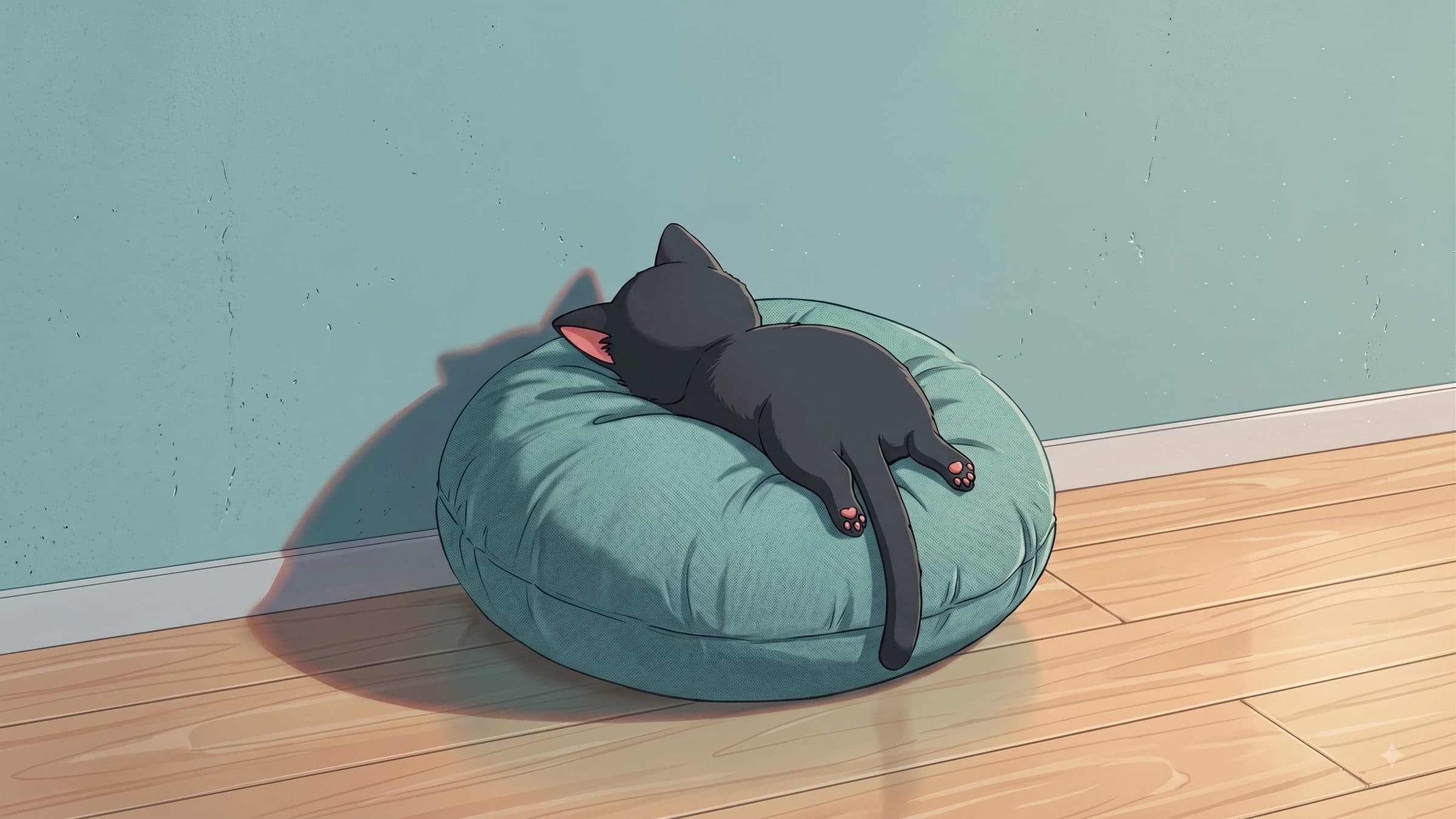 A black cat sprawled asleep on a round cushion
